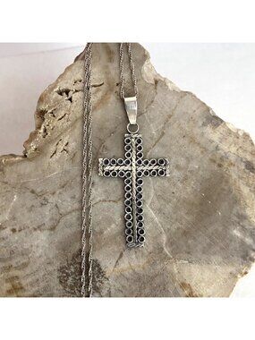 VTG Taxco Mexico Sterling Silver 925 Oxidized Cross Pendant Necklace 20" Chain
